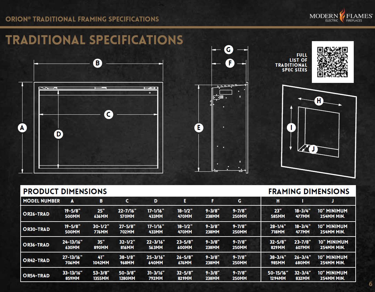 Modern Flames Orion Traditional Electric Fireplace Dimensions